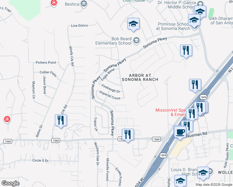 map of restaurants, bars, coffee shops, grocery stores, and more near 8826 Firebaugh Drive in Helotes