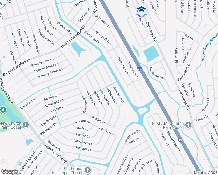 map of restaurants, bars, coffee shops, grocery stores, and more near 27 Baltimore Lane in Palm Coast