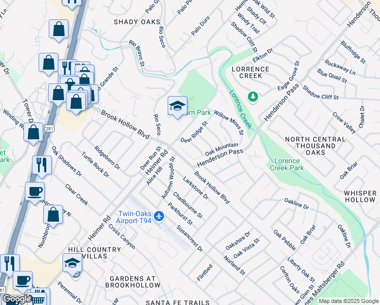 map of restaurants, bars, coffee shops, grocery stores, and more near 14615 Mountain Wood Street in San Antonio