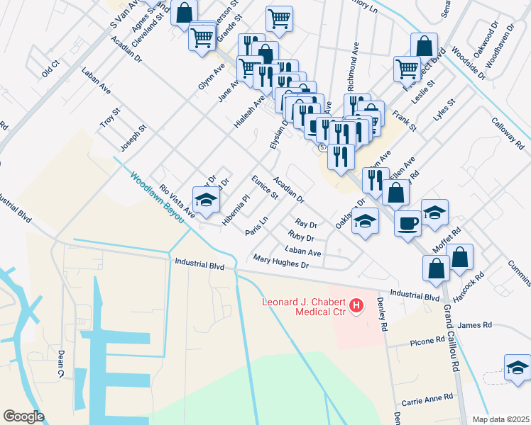 map of restaurants, bars, coffee shops, grocery stores, and more near 411 Dauphine Avenue in Houma