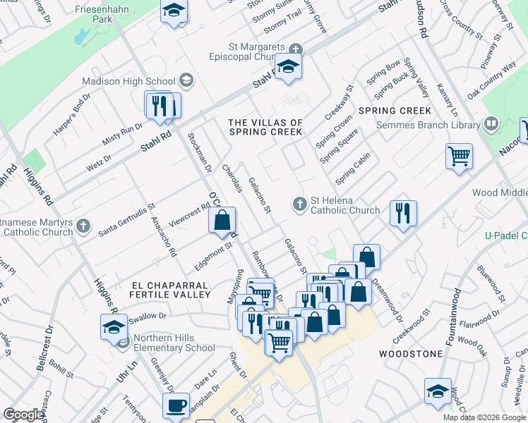 map of restaurants, bars, coffee shops, grocery stores, and more near 5258 Galacino Street in San Antonio