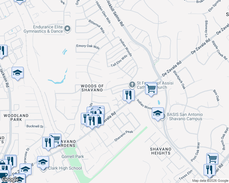 map of restaurants, bars, coffee shops, grocery stores, and more near 4335 Center Oak Woods Street in San Antonio