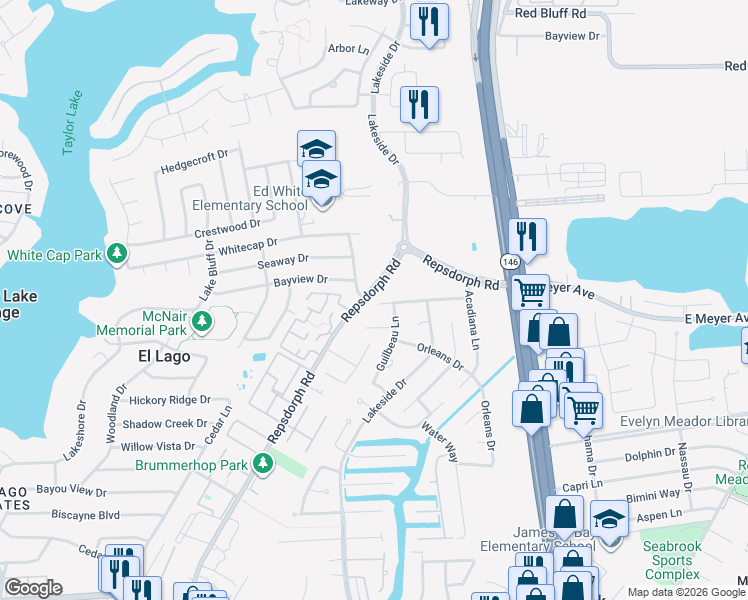 map of restaurants, bars, coffee shops, grocery stores, and more near 2638 Vermillion Drive in Seabrook