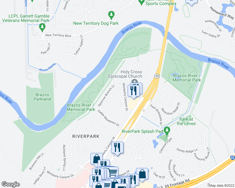 map of restaurants, bars, coffee shops, grocery stores, and more near 2311 Stoneburg Court in Sugar Land