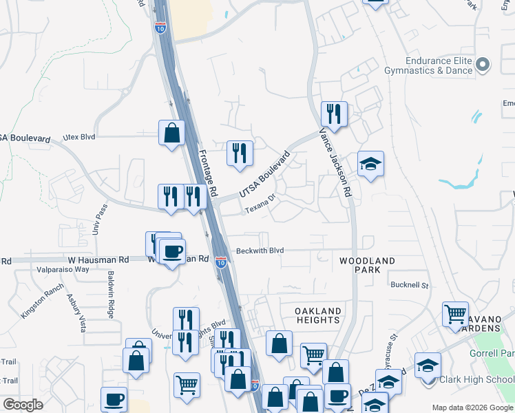 map of restaurants, bars, coffee shops, grocery stores, and more near Texana Drive in San Antonio