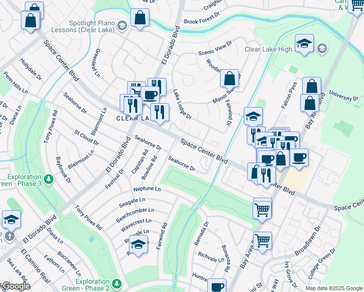 map of restaurants, bars, coffee shops, grocery stores, and more near 15800 Space Center Boulevard in Houston