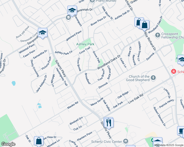 map of restaurants, bars, coffee shops, grocery stores, and more near 736 Twin Branch in Schertz