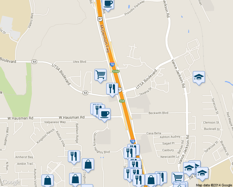 map of restaurants, bars, coffee shops, grocery stores, and more near W Interstate 10 & UTSA Blvd in San Antonio