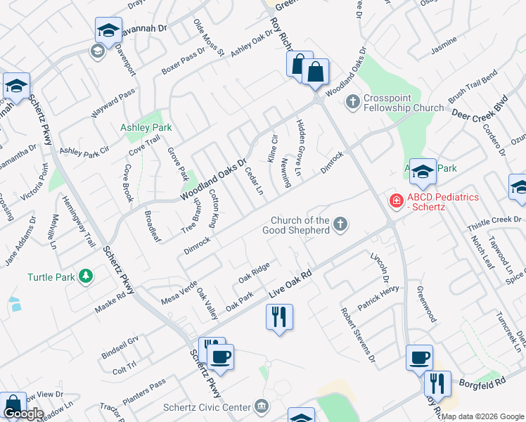 map of restaurants, bars, coffee shops, grocery stores, and more near 1020 Dimrock in Schertz