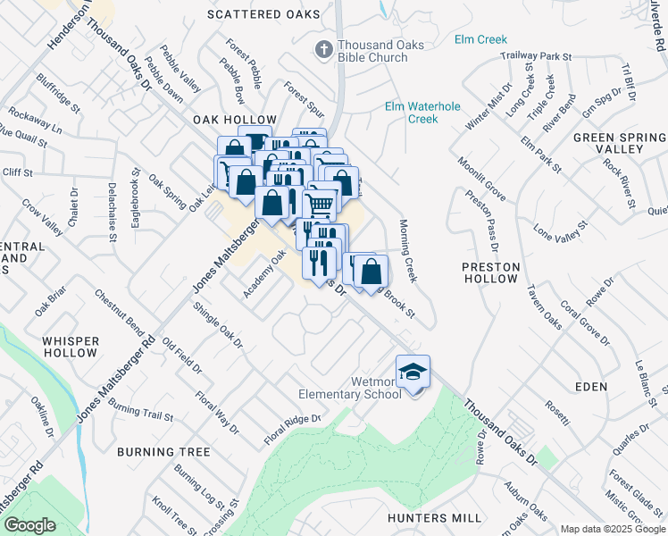 map of restaurants, bars, coffee shops, grocery stores, and more near 3023 Thousand Oaks Drive in San Antonio