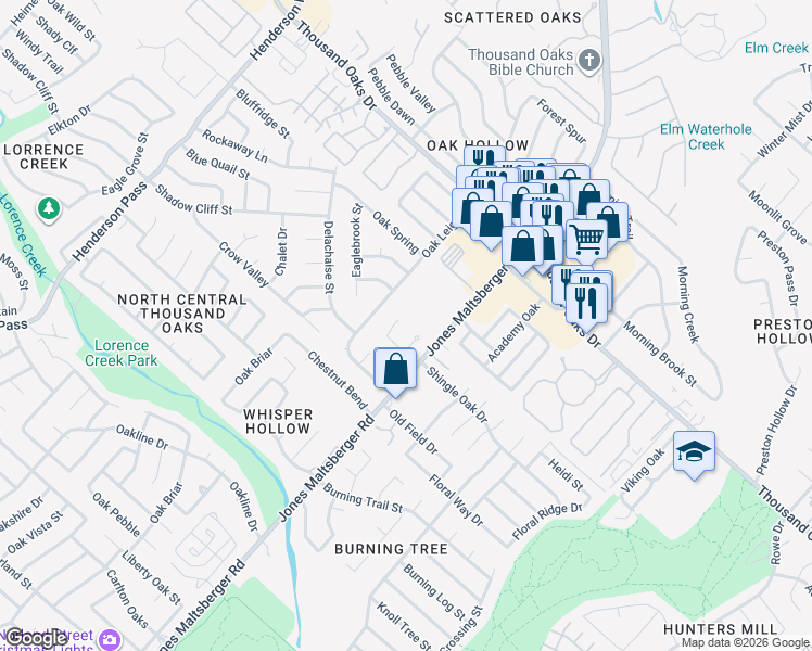 map of restaurants, bars, coffee shops, grocery stores, and more near 15318 Rompel Oak in San Antonio