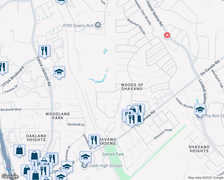 map of restaurants, bars, coffee shops, grocery stores, and more near 4619 Shavano Woods in San Antonio