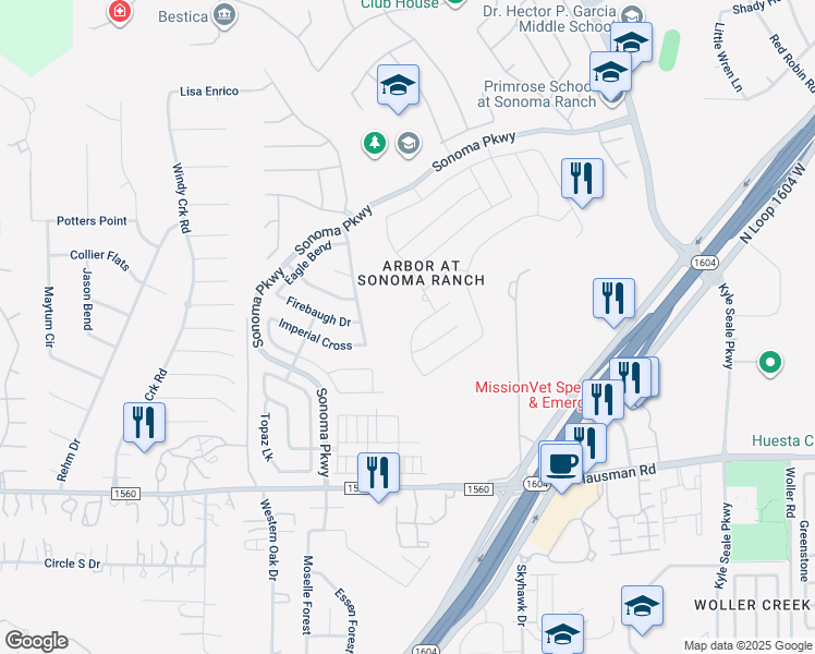 map of restaurants, bars, coffee shops, grocery stores, and more near 8723 Redwood Bend in Helotes