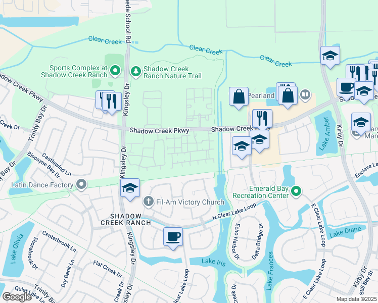 map of restaurants, bars, coffee shops, grocery stores, and more near 12400 Shadow Creek Parkway in Pearland