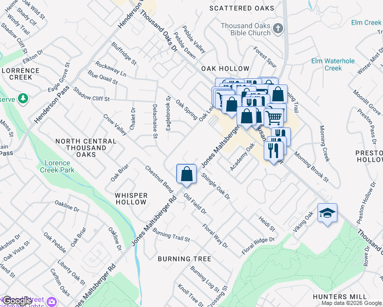map of restaurants, bars, coffee shops, grocery stores, and more near 15318 Rompel Oak in San Antonio