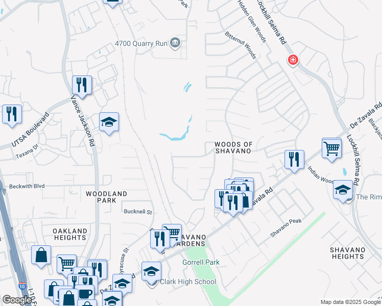 map of restaurants, bars, coffee shops, grocery stores, and more near 4619 Shavano Woods in San Antonio