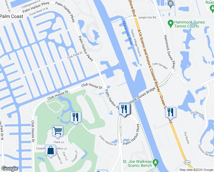 map of restaurants, bars, coffee shops, grocery stores, and more near 205 Club House Drive in Palm Coast