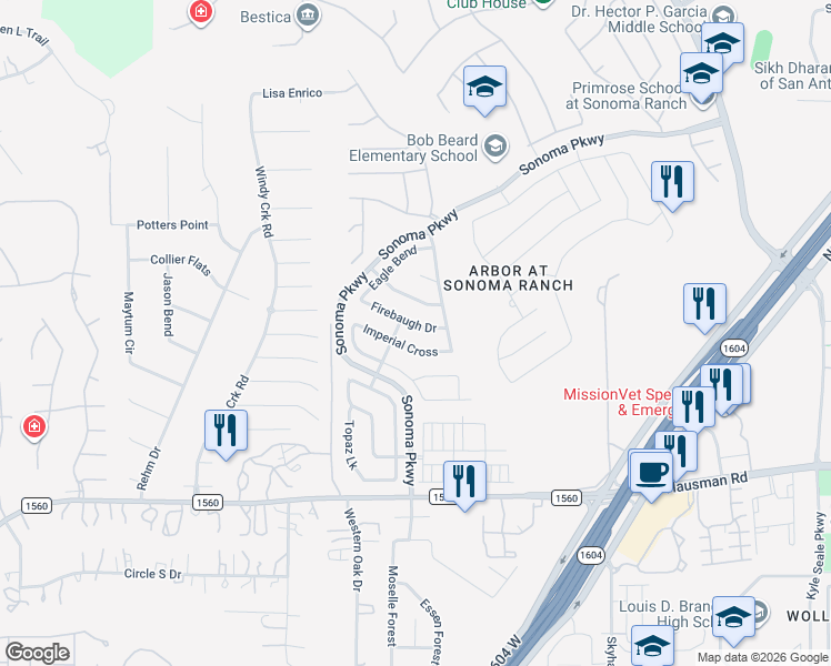 map of restaurants, bars, coffee shops, grocery stores, and more near 8826 Firebaugh Drive in Helotes