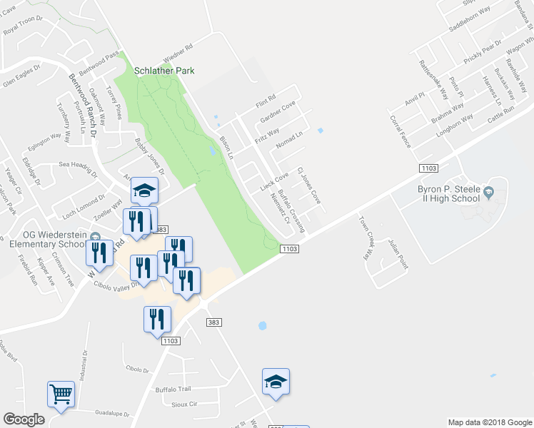 map of restaurants, bars, coffee shops, grocery stores, and more near 133 Bison Lane in Cibolo