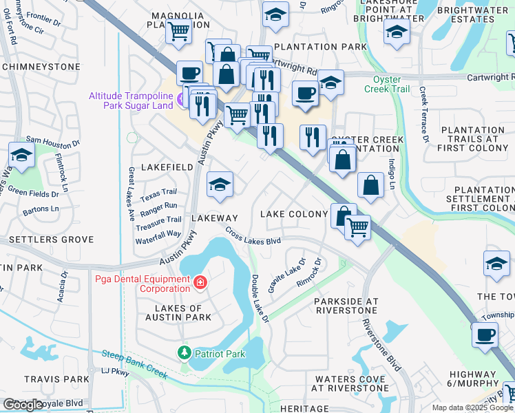 map of restaurants, bars, coffee shops, grocery stores, and more near 2838 Double Lake Drive in Missouri City