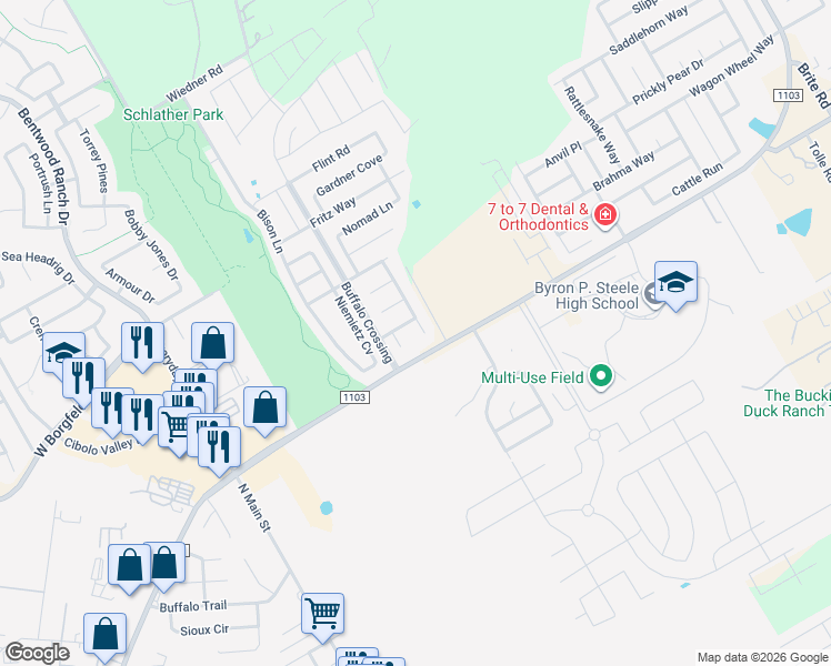 map of restaurants, bars, coffee shops, grocery stores, and more near 208 Cj Jones Cove in Cibolo