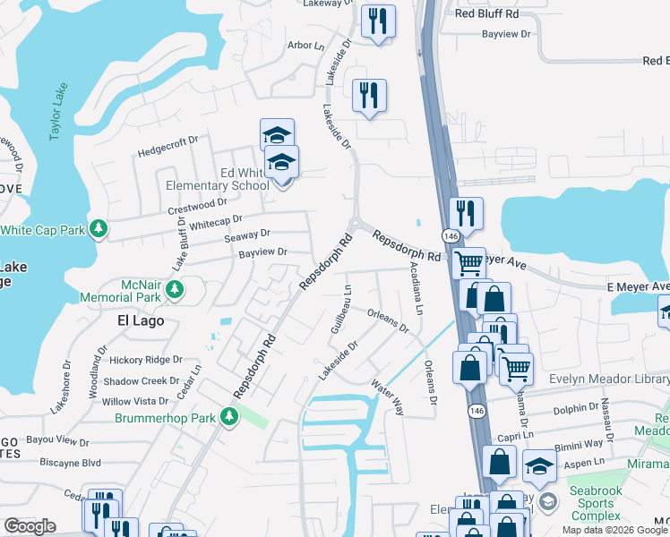 map of restaurants, bars, coffee shops, grocery stores, and more near 2638 Vermillion Drive in Seabrook