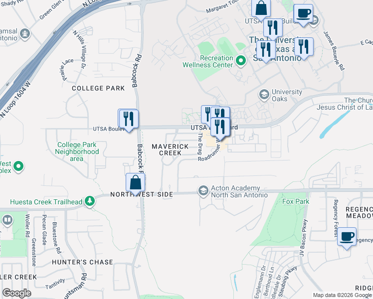map of restaurants, bars, coffee shops, grocery stores, and more near 142 Cindy Lou Drive in San Antonio
