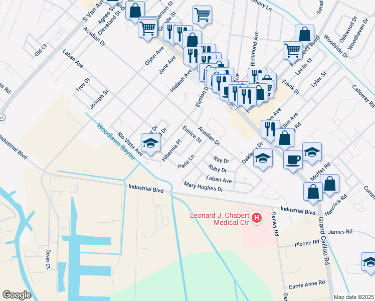 map of restaurants, bars, coffee shops, grocery stores, and more near 411 Dauphine Avenue in Houma