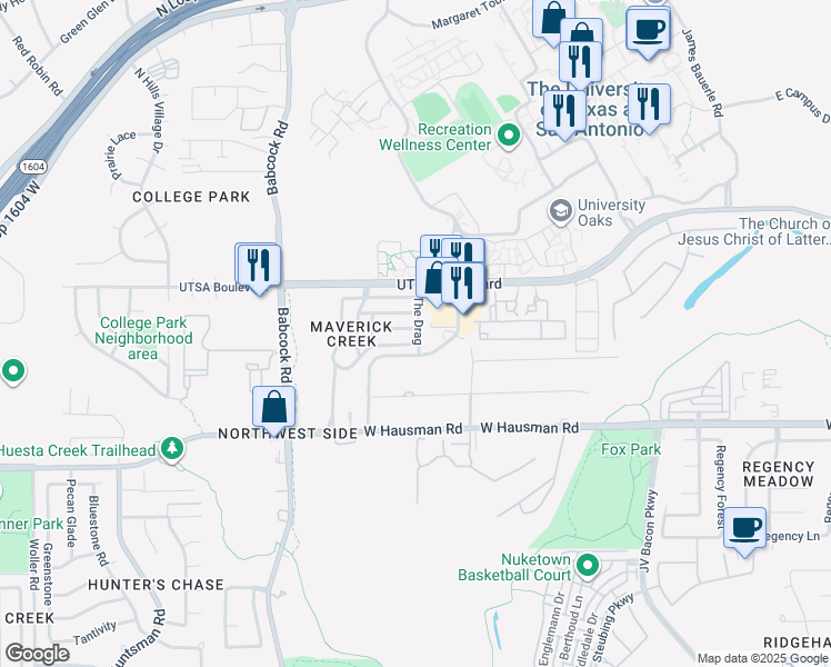 map of restaurants, bars, coffee shops, grocery stores, and more near 102 Cindy Lou Drive in San Antonio