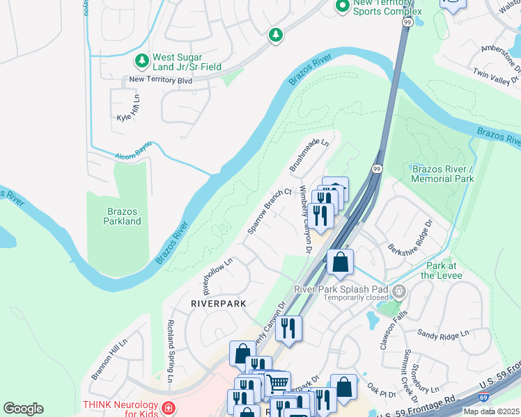 map of restaurants, bars, coffee shops, grocery stores, and more near 2406 Sparrow Branch Court in Sugar Land
