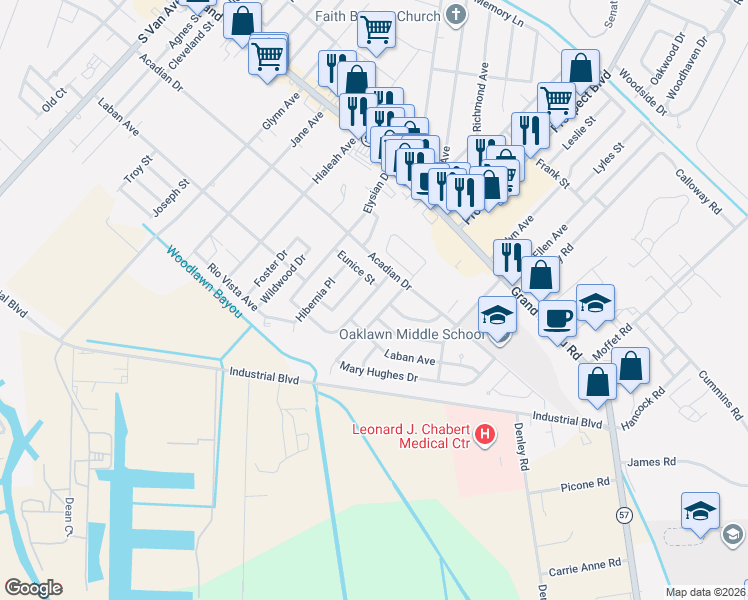 map of restaurants, bars, coffee shops, grocery stores, and more near 403 Paris Lane in Houma