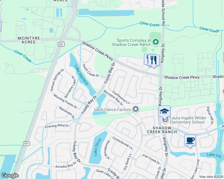 map of restaurants, bars, coffee shops, grocery stores, and more near 2028 Running Brook Lane in Pearland