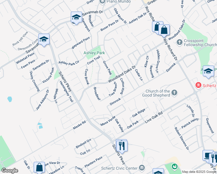 map of restaurants, bars, coffee shops, grocery stores, and more near 2427 Cove Hill in Schertz