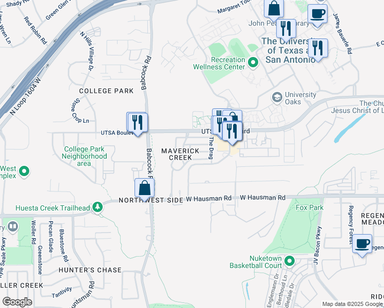 map of restaurants, bars, coffee shops, grocery stores, and more near 142 Cindy Lou Drive in San Antonio