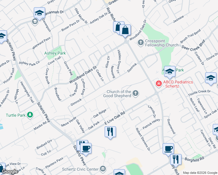 map of restaurants, bars, coffee shops, grocery stores, and more near 2354 Harper Run in Schertz