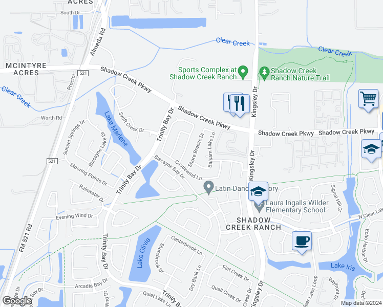 map of restaurants, bars, coffee shops, grocery stores, and more near 2032 Shore Breeze Drive in Pearland