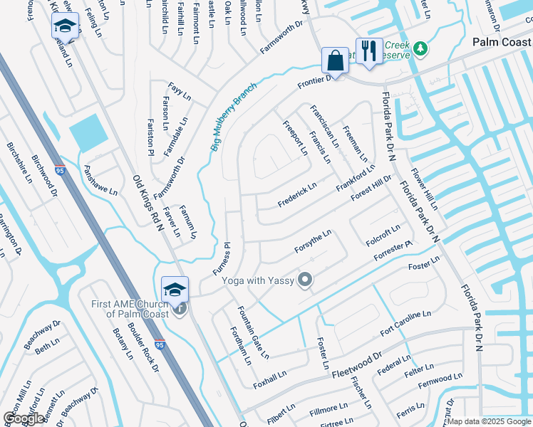 map of restaurants, bars, coffee shops, grocery stores, and more near 59 Frederick Lane in Palm Coast