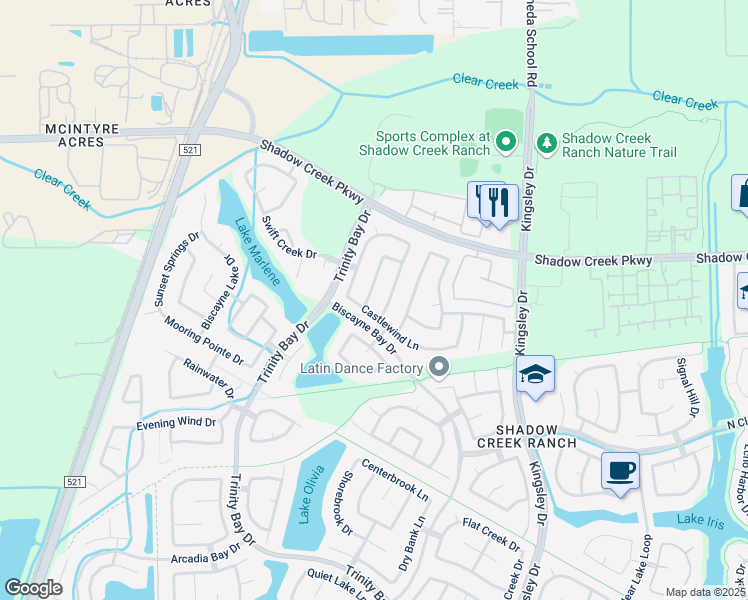map of restaurants, bars, coffee shops, grocery stores, and more near 2023 Running Brook Lane in Pearland