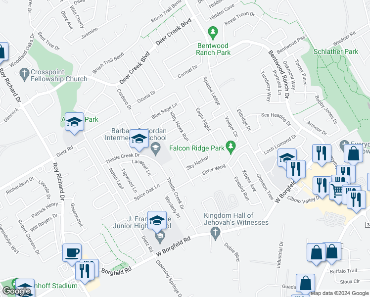 map of restaurants, bars, coffee shops, grocery stores, and more near 129 Earhart Lane in Cibolo