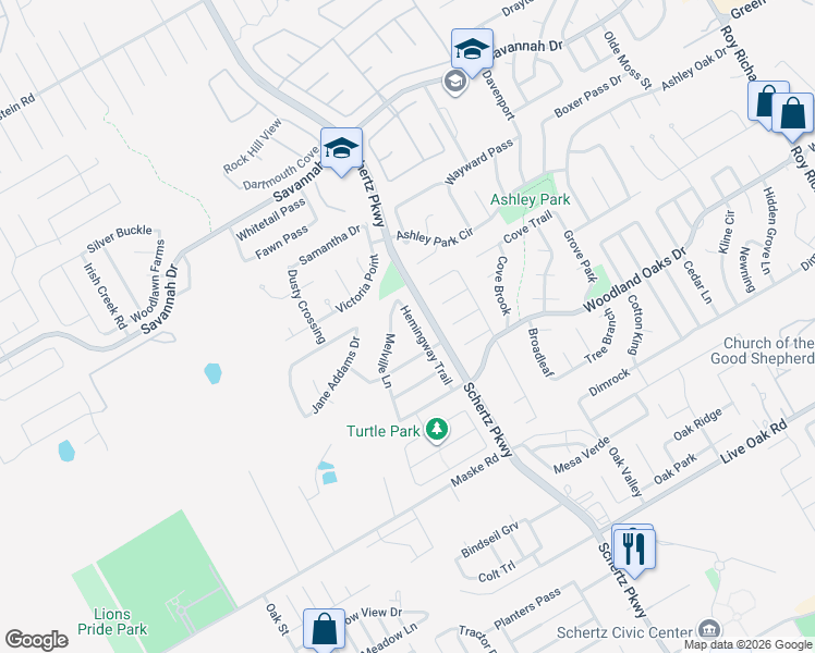 map of restaurants, bars, coffee shops, grocery stores, and more near 2517 Hemingway Trail in Schertz