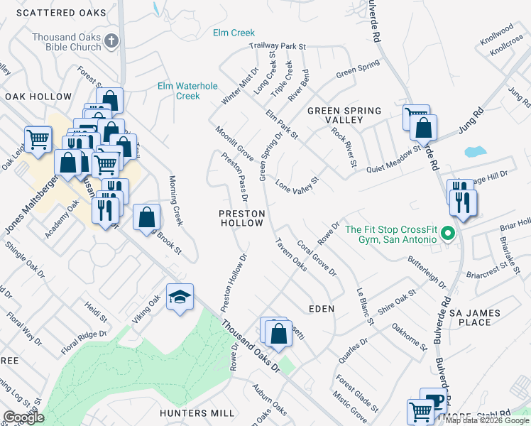 map of restaurants, bars, coffee shops, grocery stores, and more near 3207 Green Spring in San Antonio