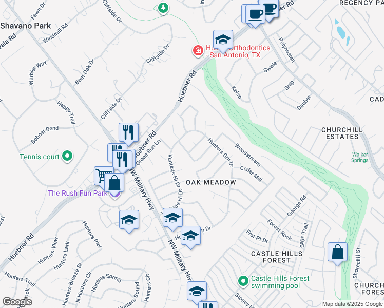 map of restaurants, bars, coffee shops, grocery stores, and more near 2902 Meadow Circle in San Antonio