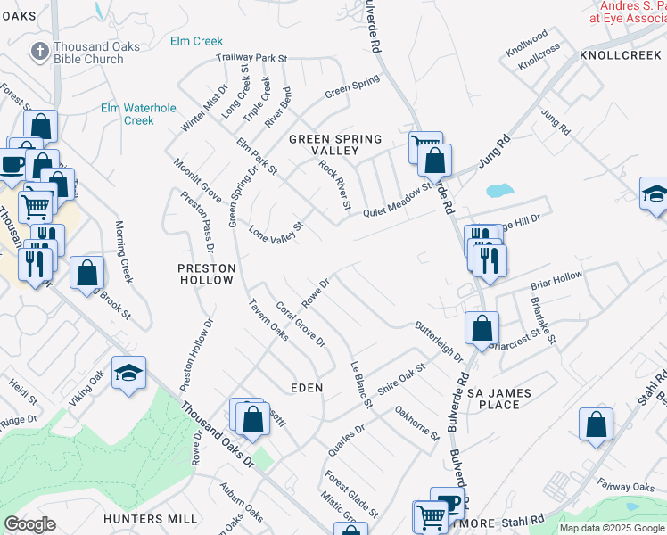 map of restaurants, bars, coffee shops, grocery stores, and more near 14303 Rowe Drive in San Antonio