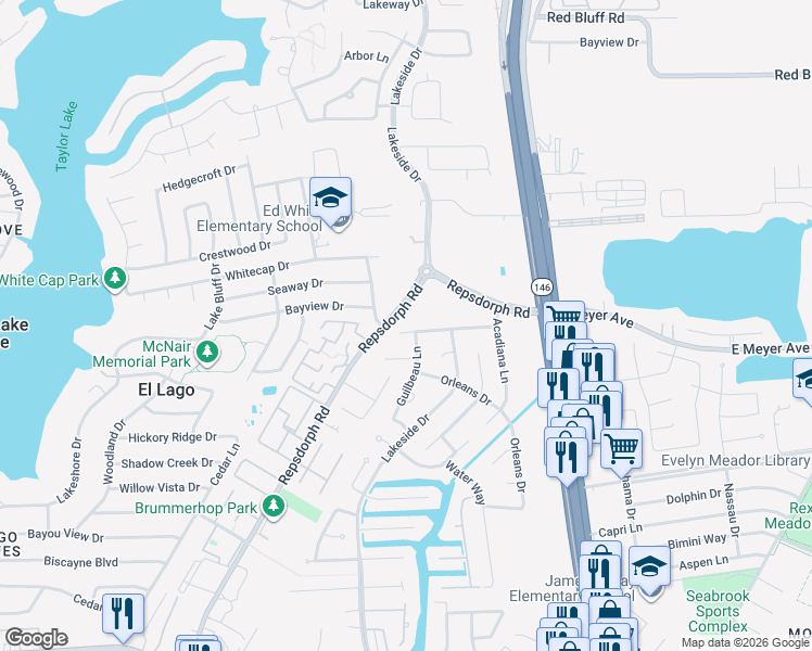 map of restaurants, bars, coffee shops, grocery stores, and more near 2638 Vermillion Drive in Seabrook