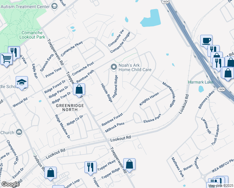 map of restaurants, bars, coffee shops, grocery stores, and more near 14622 Highland Ridge in San Antonio