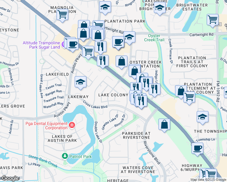 map of restaurants, bars, coffee shops, grocery stores, and more near 2803 Lake Colony Drive in Missouri City