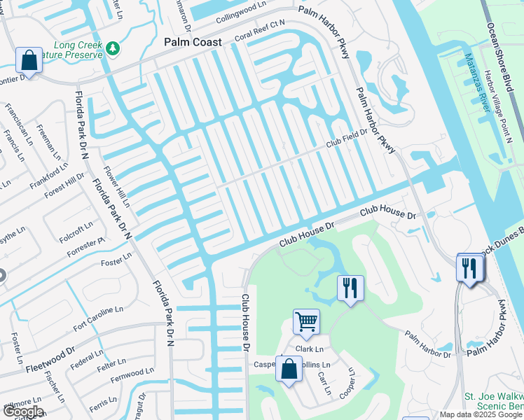 map of restaurants, bars, coffee shops, grocery stores, and more near 18 Clearview Court South in Palm Coast