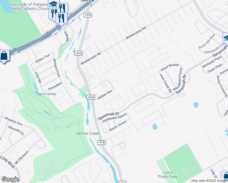 map of restaurants, bars, coffee shops, grocery stores, and more near 178 Hidden Knoll in Selma