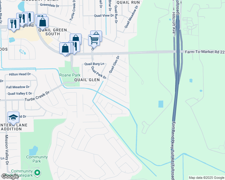 map of restaurants, bars, coffee shops, grocery stores, and more near 8415 Blossom Bell Lane in Missouri City