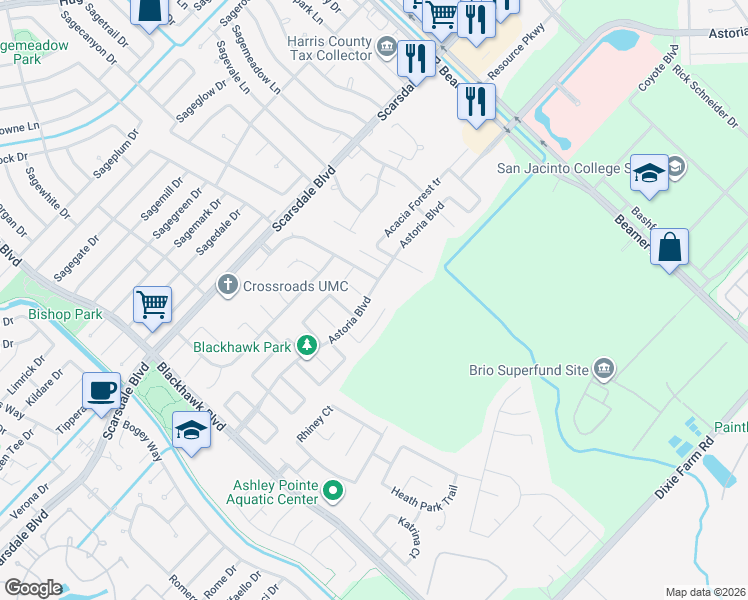 map of restaurants, bars, coffee shops, grocery stores, and more near 10318 Astoria Boulevard in Houston
